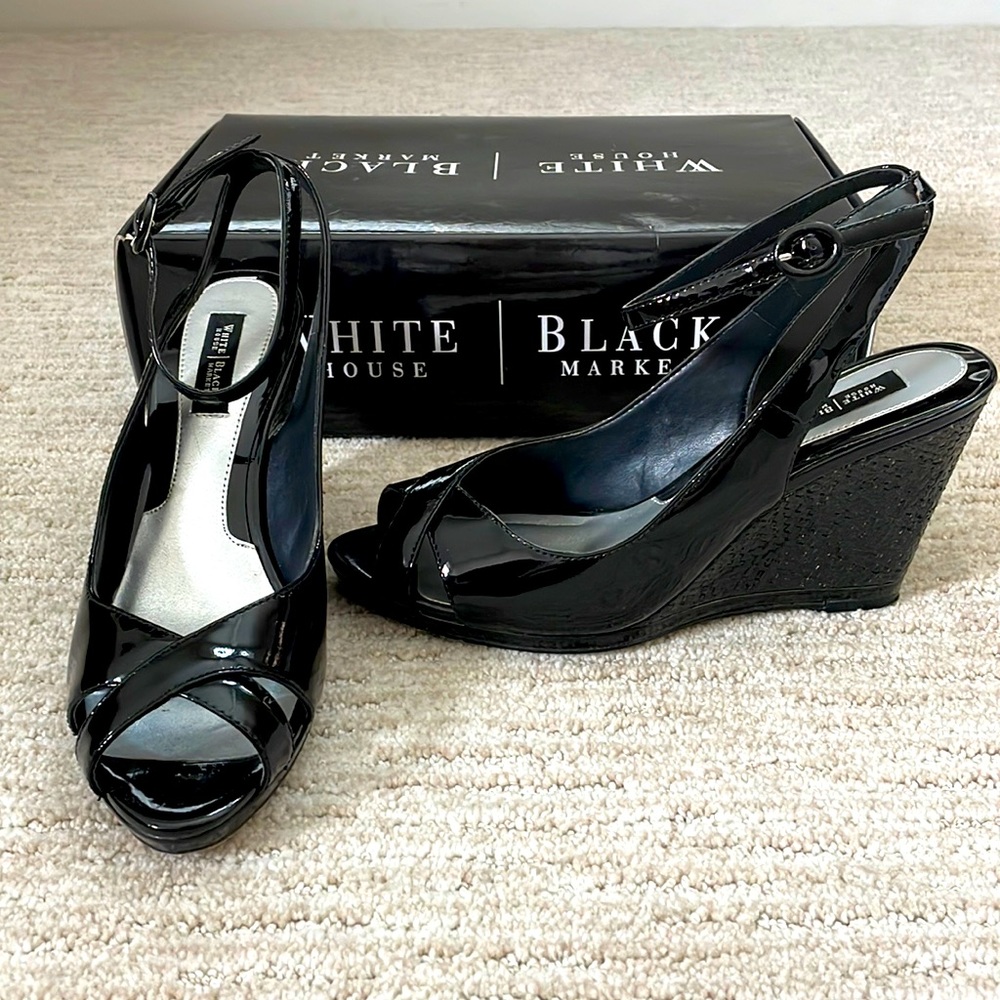 White House|Black Market Karen black leather wedges, size 7.5